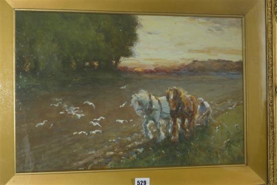 Gilt framed watercolour and gouache, horse ploughing